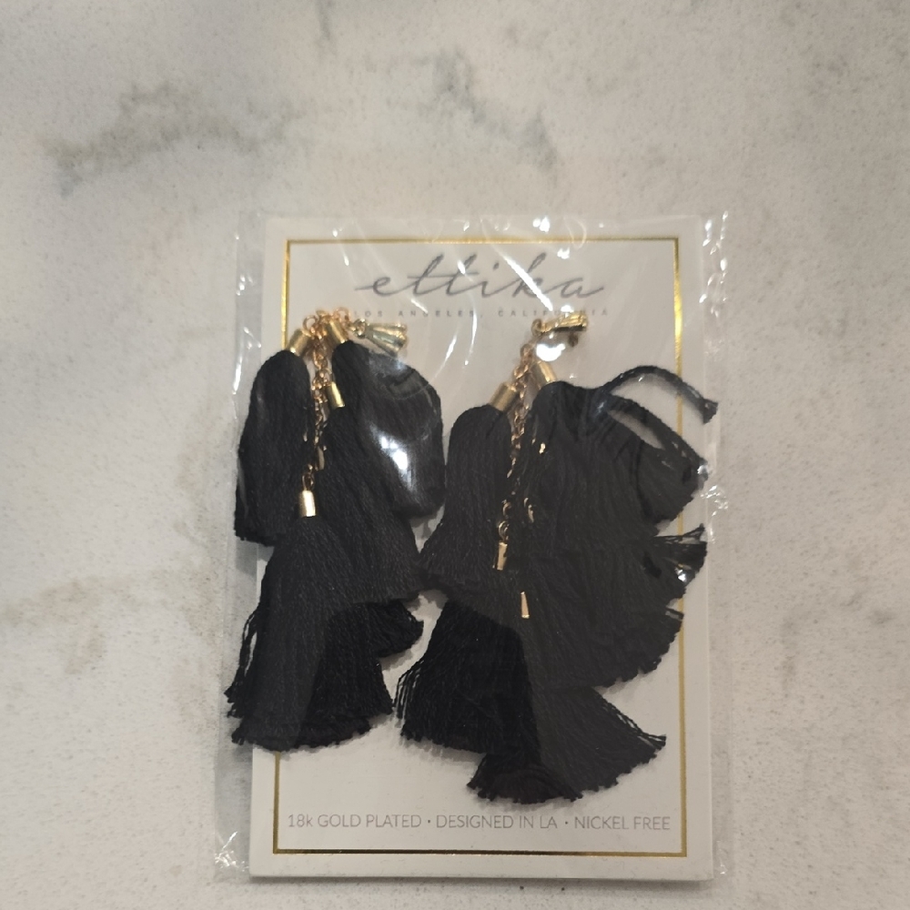 Ettika Black Tassel Earrings with Gold Hardware